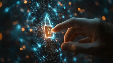 Poster - Network and internet server security, hand interacting with padlock icon on encrypted network, symbolizing digital protection and secure connections
