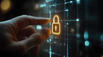 Poster - Network and internet server security, hand interacting with padlock icon on encrypted network, symbolizing digital protection and secure connections