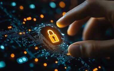 Leinwandbilder - Security of network and internet server, hand touching a glowing padlock icon on a secure network structure, representing encryption and connectivity in digital protection