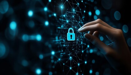Aufkleber - Encryption and network security, hand engaging with a padlock icon on a secure digital network structure, illustrating protected internet server connections