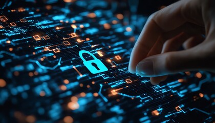 Aufkleber - Encryption and network security, hand engaging with a padlock icon on a secure digital network structure, illustrating protected internet server connections