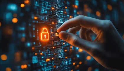 Poster - Encryption and network security, hand engaging with a padlock icon on a secure digital network structure, illustrating protected internet server connections