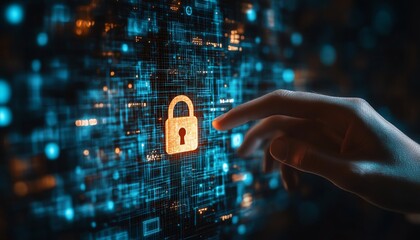 Aufkleber - Encryption and network security, hand engaging with a padlock icon on a secure digital network structure, illustrating protected internet server connections