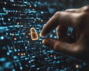 Fototapete - Hand activating a padlock icon on a secure network, symbolizing encryption technology and protection of internet server connections and digital data