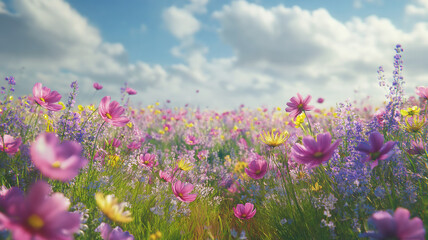 Wall Mural - colorful flowers dancing in the wind across a beautiful open meadow landscape
