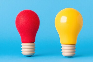 Canvas Print - Colorful light bulbs in red and yellow on a vibrant blue background, symbolizing creativity and brightness in design and innovation