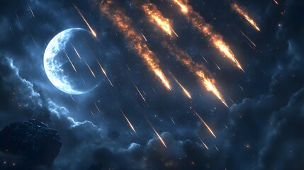 Wall Mural - fiery meteors streak across a night sky, illuminating a bright moon and dark clouds. a dramatic cele