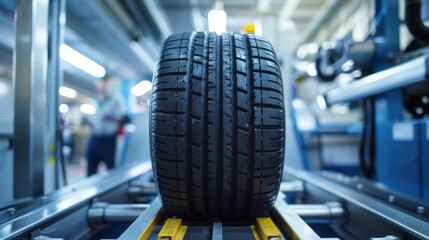 Fototapete - A vehicle tire rolls along a conveyor belt in a sleek factory setting, where it undergoes quality checks as part of the tire manufacturing process involving advanced technology and skilled workers.