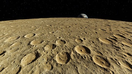 Wall Mural - a panoramic view of the lunar surface, dotted with numerous impact craters. earth hangs in the dista
