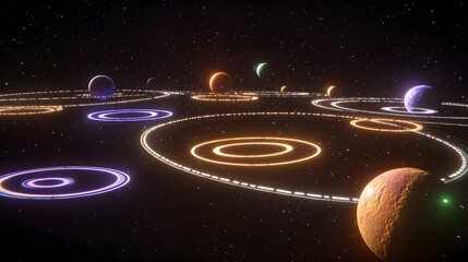 Wall Mural - stunning cosmic scene featuring multiple planets orbiting within glowing neon rings in deep space. a