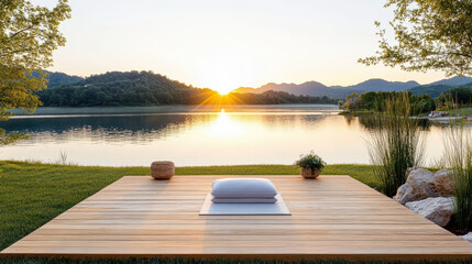 Wall Mural - serene wooden platform by lake at sunset, perfect for meditation