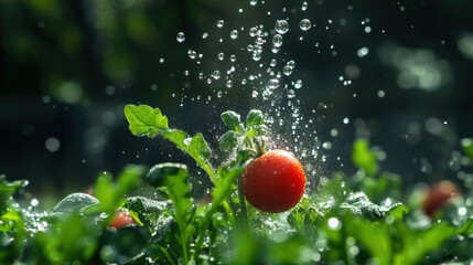 Wall Mural - Fresh red tomato splashing in water droplets amidst lush green foliage in a garden setting