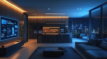 A smart home controlled by AI with holographic interfaces, modern minimalism