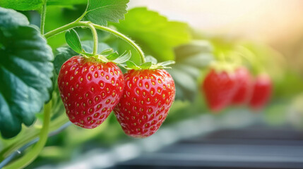 Wall Mural - Fresh strawberries growing on green plants in sunny garden, showcasing vibrant red fruit and lush green leaves, perfect for gardening enthusiasts