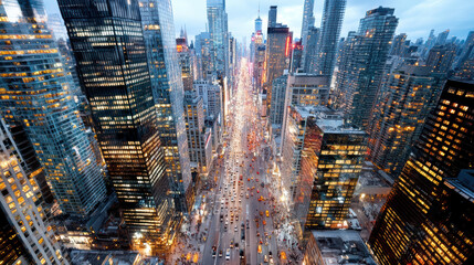 Sticker - Aerial view of bustling city street at night with bright lights and traffic