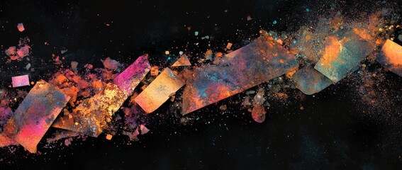 Wall Mural - colorful geometric shapes scattered across a dark background create an abstract visual effect at nig
