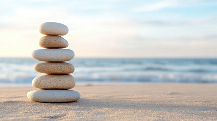 Wall Mural - Stacked stones on beach at sunset create serene atmosphere