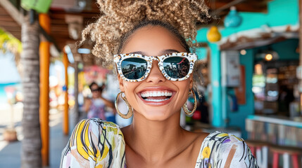 Wall Mural - Smiling woman wearing stylish sunglasses, enjoying sunny day outdoors