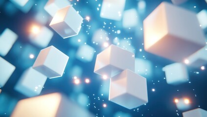 Wall Mural - Abstract 3D rendering of glowing white cubes floating in a blue space.