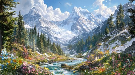 Wall Mural - Serene mountain valley with wildflowers, river, and snow-capped peaks.