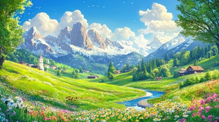 Wall Mural - Idyllic alpine valley with wildflowers, river, and snow-capped mountains under a vibrant sunny sky.