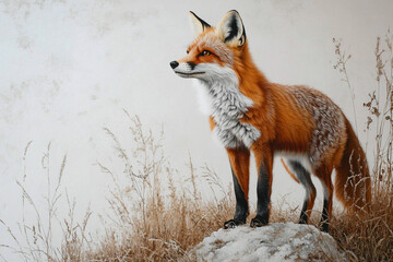 Wall Mural - Fox standing in a natural landscape. Animal side portrait.