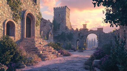 Canvas Print - Sunset over ancient stone village ruins.