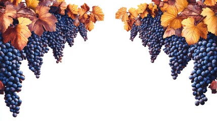 Wall Mural - Vibrant clusters of dark grapes hanging from autumn leaves against a white background