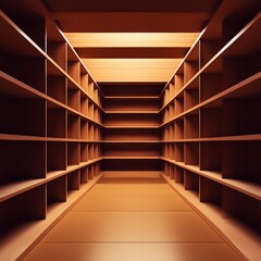 Poster - Endless Empty Wooden Shelves: A Storage Dream with Light and Shadow Dynamics