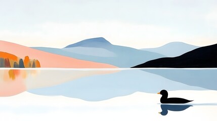 Fototapete - Breathtaking landscape image of a tranquil mountain lake with a stunning sunset reflection and a single duck swimming on the calm waters  The rugged peaks of the mountains rise in the background