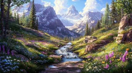 Wall Mural - Serene mountain valley with wildflowers and stream. (3)