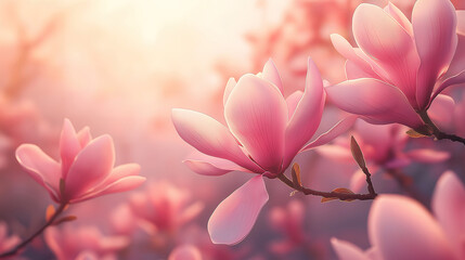 Wall Mural - magnificent magnolia tree blossoms in spring, with pink flowers basking in warm sunlight