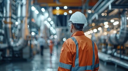 Fototapete - A worker dressed in an orange jumpsuit and white hard hat stands in an industrial facility, watching colleagues operate machinery during an evening work shift while lights illuminate the area.