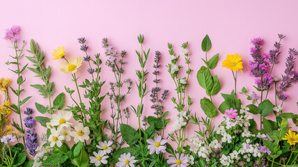 Wall Mural - various herbs and flowers arranged in a floral border on soft pink pale background