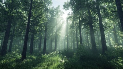 Wall Mural - Sunbeams pierce through misty redwood forest.