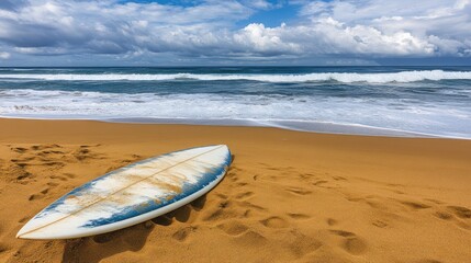 Canvas Print - Weathered surfboard rests on sandy beach near ocean waves under cloudy sky.