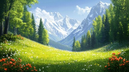 Wall Mural - Lush green meadow with wildflowers and snow-capped mountains.