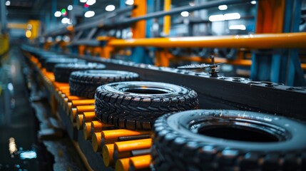 Poster - A busy production line is seen with tires being processed efficiently in a contemporary manufacturing facility, with bright lights illuminating the area.