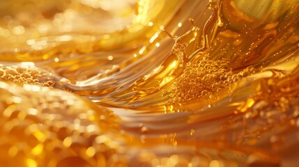 Leinwandbilder - A captivating sight of golden liquid cascading and swirling, reflecting sunlight and creating a vibrant atmosphere full of energy and movement.