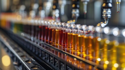 Aufkleber - Rows of small glass containers filled with vibrant colored liquids are lined up as a machine dispenses various beverages in a production facility.