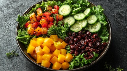 Wall Mural - Colorful vegetable salad in a bowl on dark surface. Possible use healthy food image