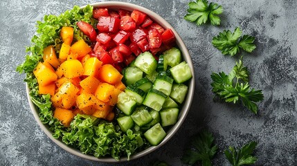 Wall Mural - Colorful vegetable salad in a bowl on a textured surface.  Possible use Healthy food photography