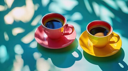 Wall Mural - Two colorful coffee cups on a vibrant table with playful shadows from nearby foliage