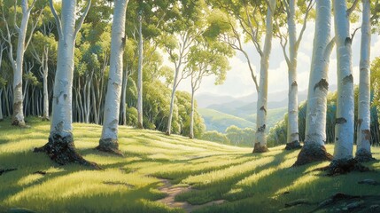 Wall Mural - Sunlit birch forest path leading to distant hills.