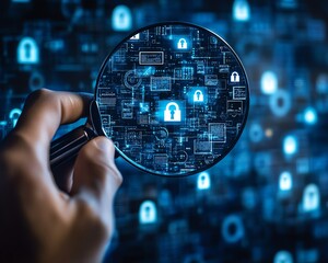 Fototapete - Information security technology concept, system engineer using a magnifying glass to examine padlock icons, securing computer and internet networks for business