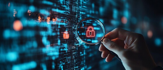 Fototapete - Information security technology in business, system engineer using magnifying glass to analyze padlock icons, ensuring the security of computer and internet networks