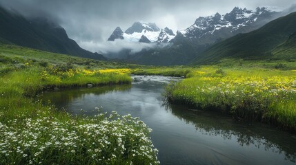 Wall Mural - Serene mountain stream flows through vibrant wildflowers, snow-capped peaks loom in background under a dramatic sky.