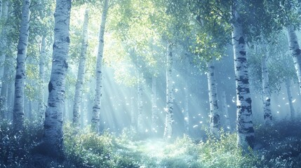 Wall Mural - Sunbeams illuminate a mystical birch forest path.