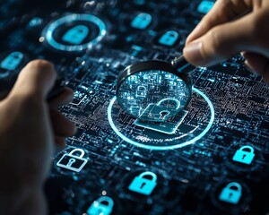 Poster - Business information security, system engineer analyzing padlock icons with magnifying glass, securing digital systems and internet networks from vulnerabilities