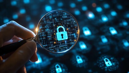 Leinwandbilder - Business information security, system engineer analyzing padlock icons with magnifying glass, securing digital systems and internet networks from vulnerabilities